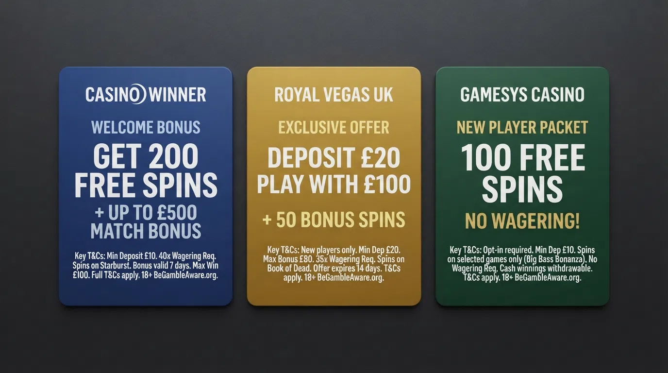A side-by-side grid of three UK casino welcome-offer cards showing free-spin counts and wagering terms, with the UKGC licence badge visible on each