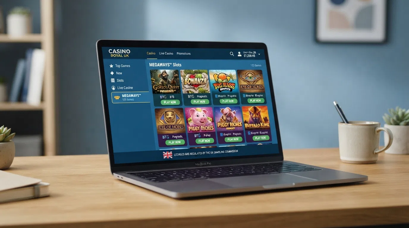 A split-screen comparison view of two UK-licensed casino lobby pages, each showing a Megaways slot category filter and a game-tile grid