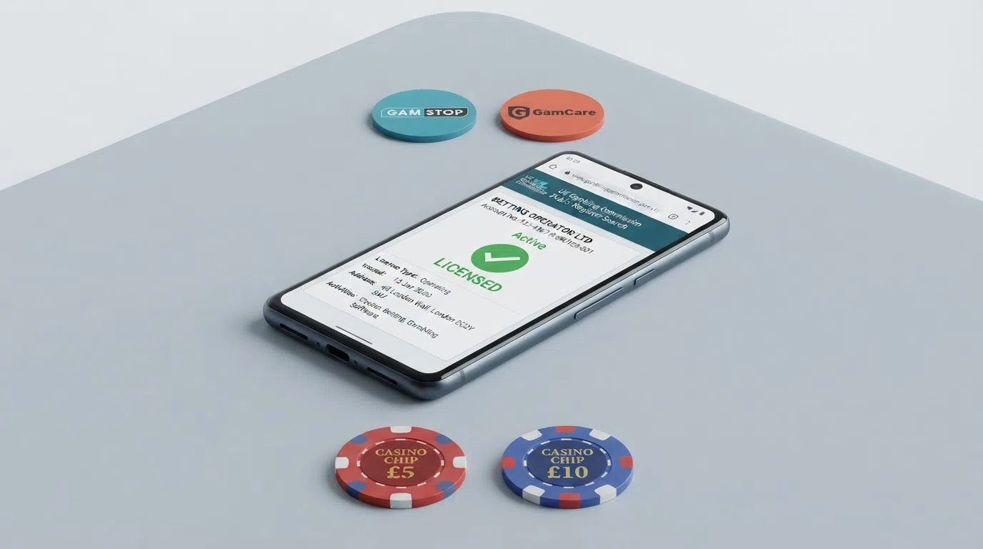 A smartphone screen displaying the UK Gambling Commission public register search page with a licence record visible, alongside icons for GAMSTOP and GamCare