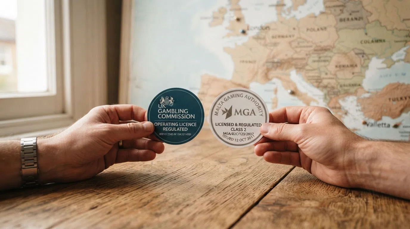 The UKGC and MGA licence seals side by side with a map highlighting which regulator covers UK-based casino operators and which covers the internationally licensed sites that actually host Endorphina slots