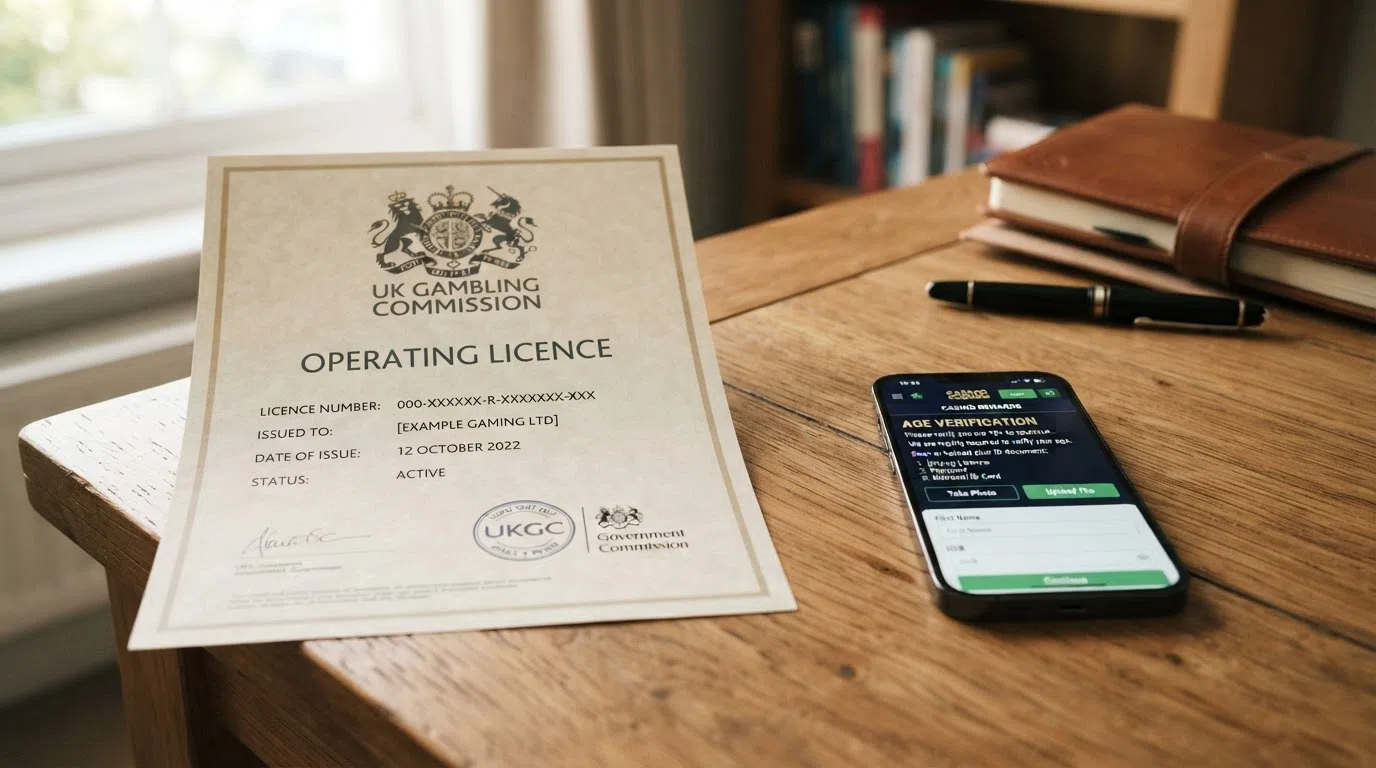 A close-up of a UK Gambling Commission operating licence certificate with the Commission's crest and a licence number visible, placed next to a casino registration screen showing the age-verification step