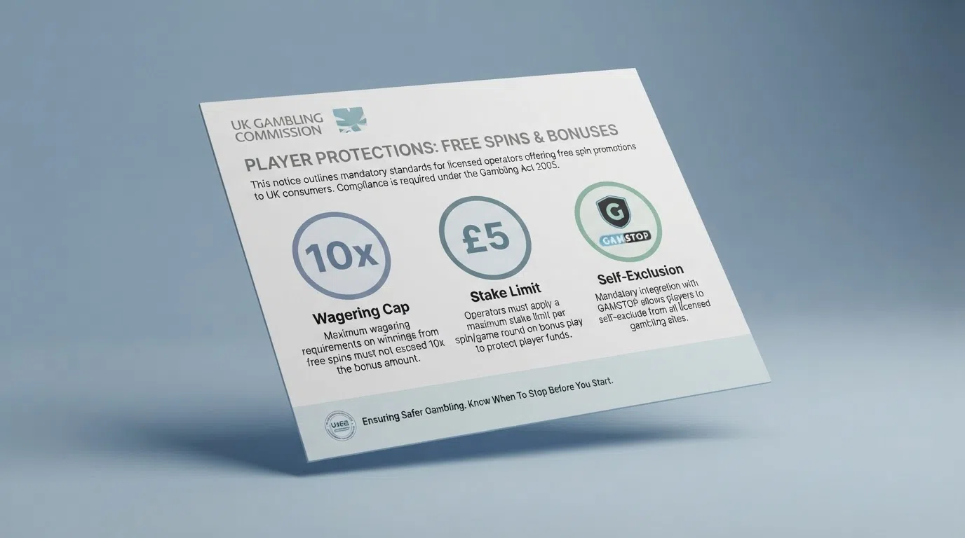 A UK Gambling Commission certificate-style document layout with icons representing the key player protections — a ten-times multiplier symbol for the wagering cap, a five-pound symbol for the stake limit, and a shield for GAMSTOP self-exclusion.
