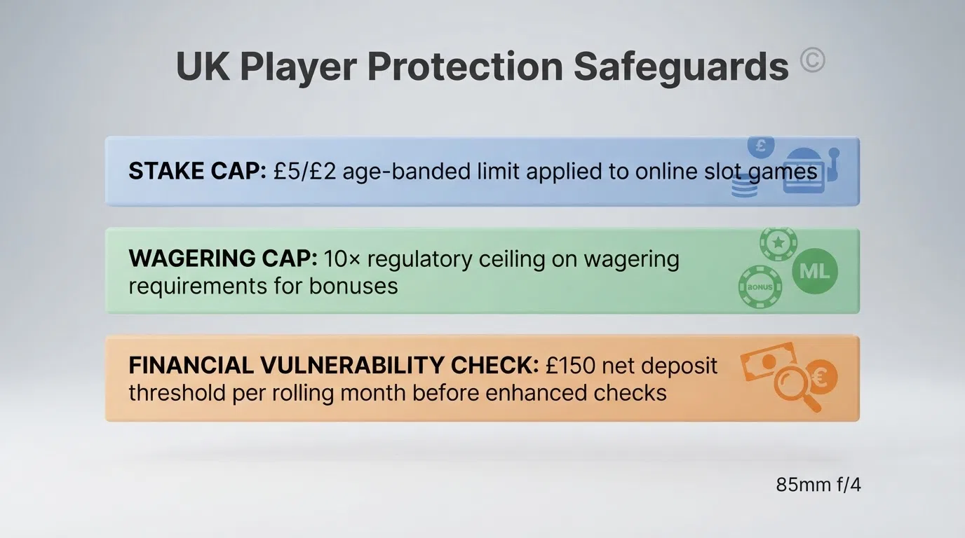 A simplified diagram showing the three layers of UK player protection — stake cap, wagering cap and financial vulnerability check — with the Gambling Commission crest above them