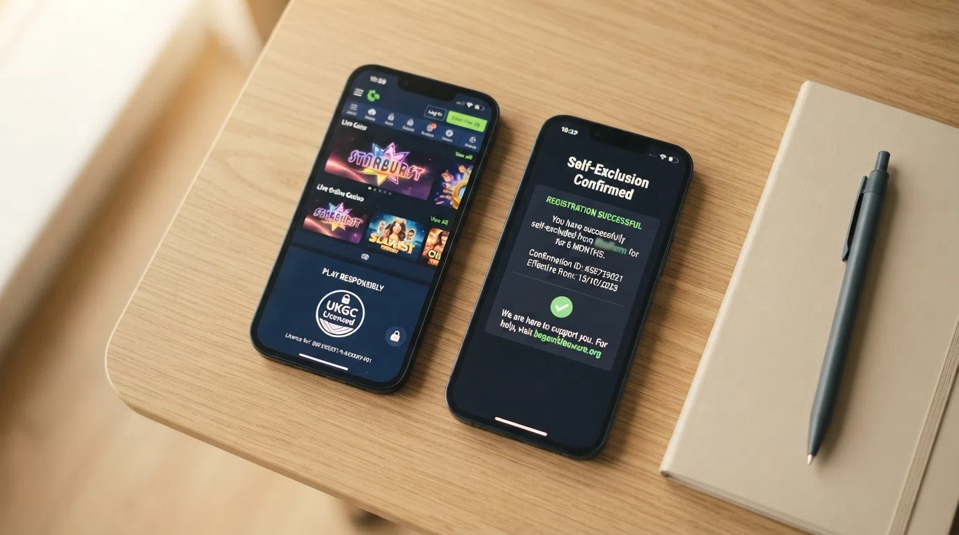 A close-up of a smartphone displaying the UKGC licence badge and a padlock icon on a casino footer, next to a GAMSTOP registration confirmation screen