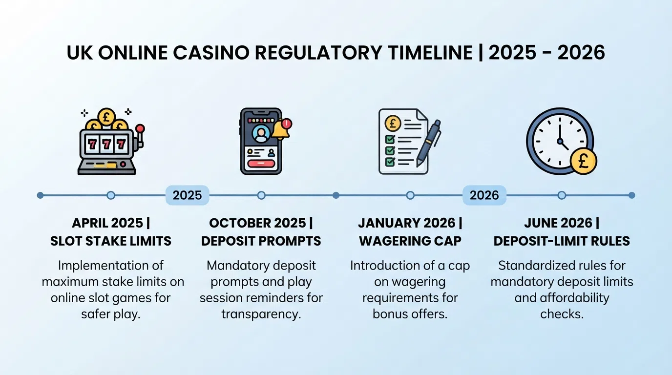 A simplified timeline graphic showing the key UKGC regulatory dates: April 2025 slot limits, October 2025 deposit prompts, January 2026 10x wagering cap, June 2026 deposit-limit rules