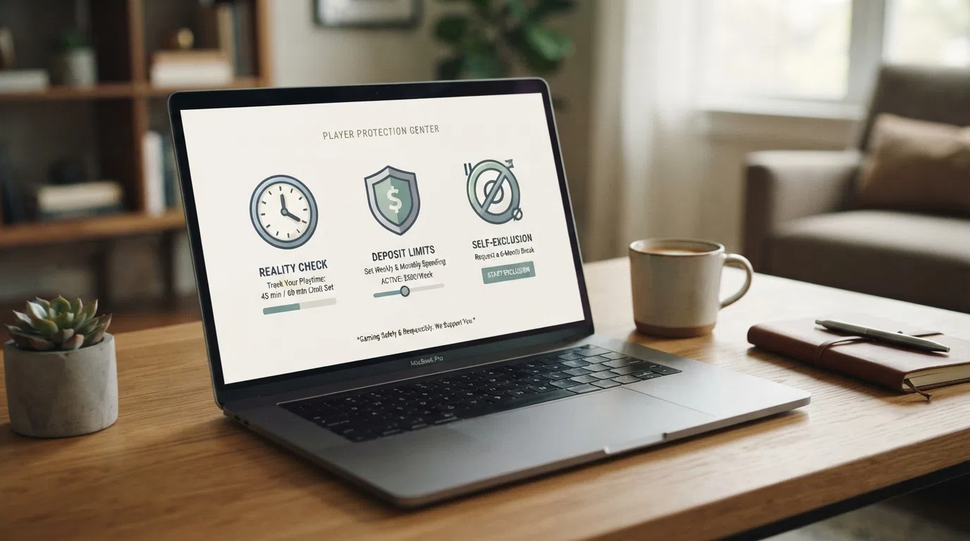 A laptop screen showing the Gambling Commission logo beside icons representing deposit limits, self-exclusion, reality checks and safer gambling tools