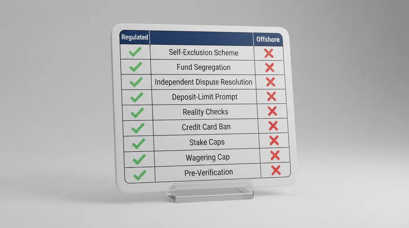 An illustrated checklist of nine UKGC-mandated player protections — GamStop, fund segregation, ADR (IBAS/eCOGRA), deposit-limit prompt, reality checks, credit card ban, stake caps, wagering cap, pre-verification — with green checkmarks under a “UKGC-Licensed” column and red crosses under a “Non-UKGC” column.