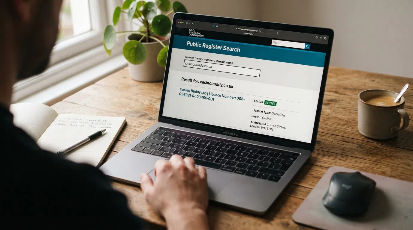 The UKGC public register website open on a laptop screen, showing a search field with a casino domain name entered and an “Active” licence status result displayed below
