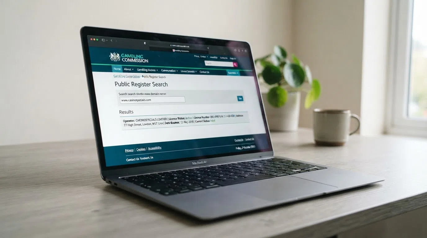 The Gambling Commission public register search page with a casino domain name entered in the search field, showing the lookup interface any player can use