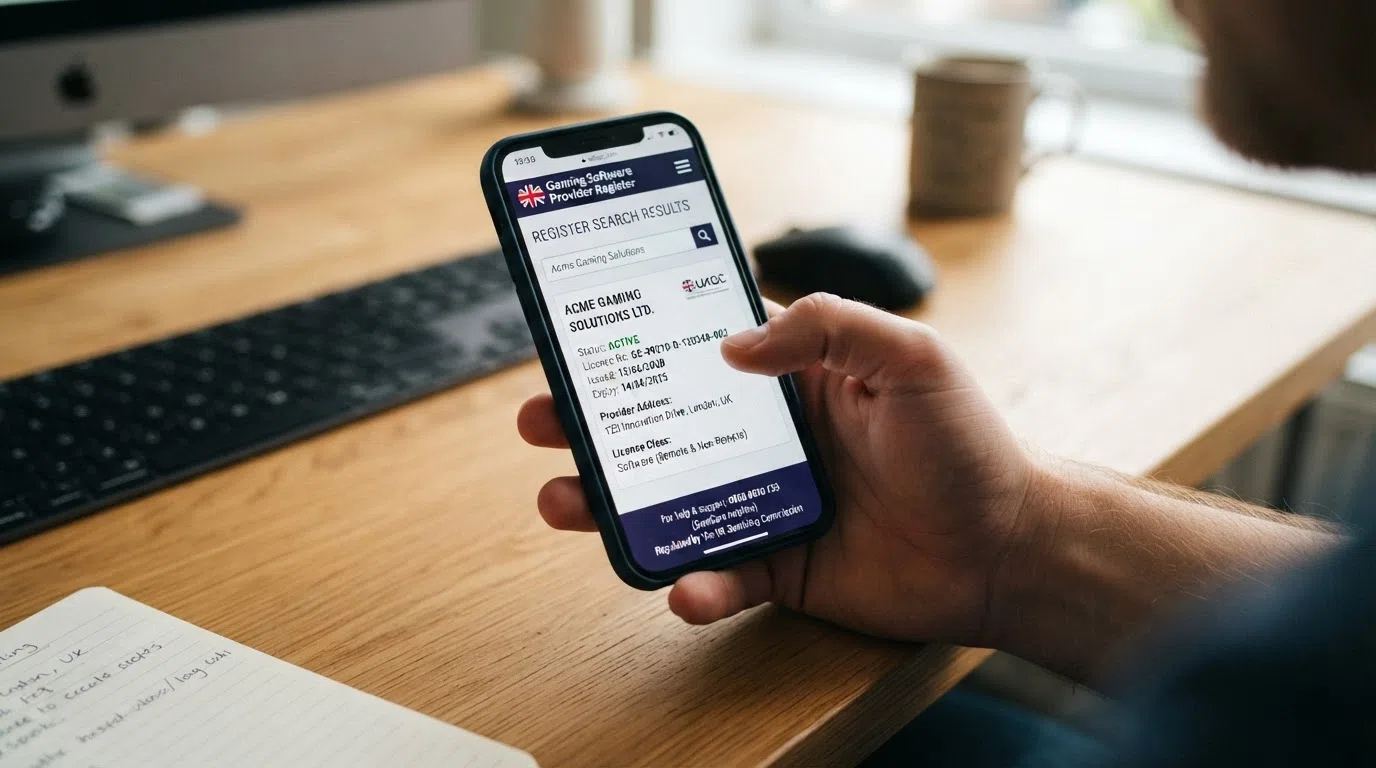 A close crop of a smartphone screen showing the UK Gambling Commission public register search interface with a licence result displayed, the GamStop logo and the GamCare helpline number 0808 8020 133 visible as on-screen elements