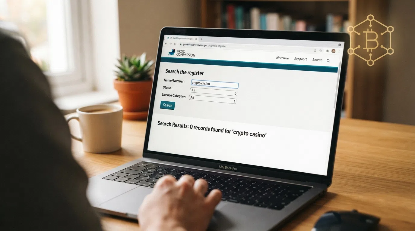 A screenshot of the UKGC public register search interface with no results returned for a crypto casino query, overlaid with an Ethereum symbol and a warning-stripe border