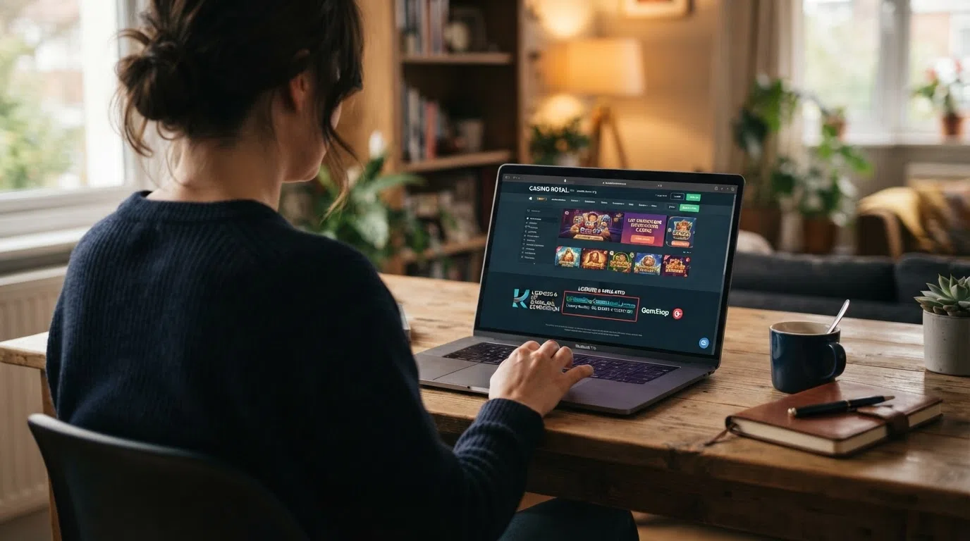 A laptop screen showing a Gambling Commission public register search with a casino licence result