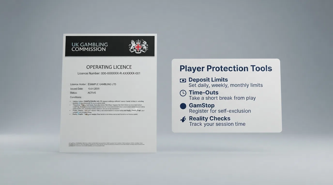 UK Gambling Commission licence certificate and regulatory document beside a responsible gambling information card