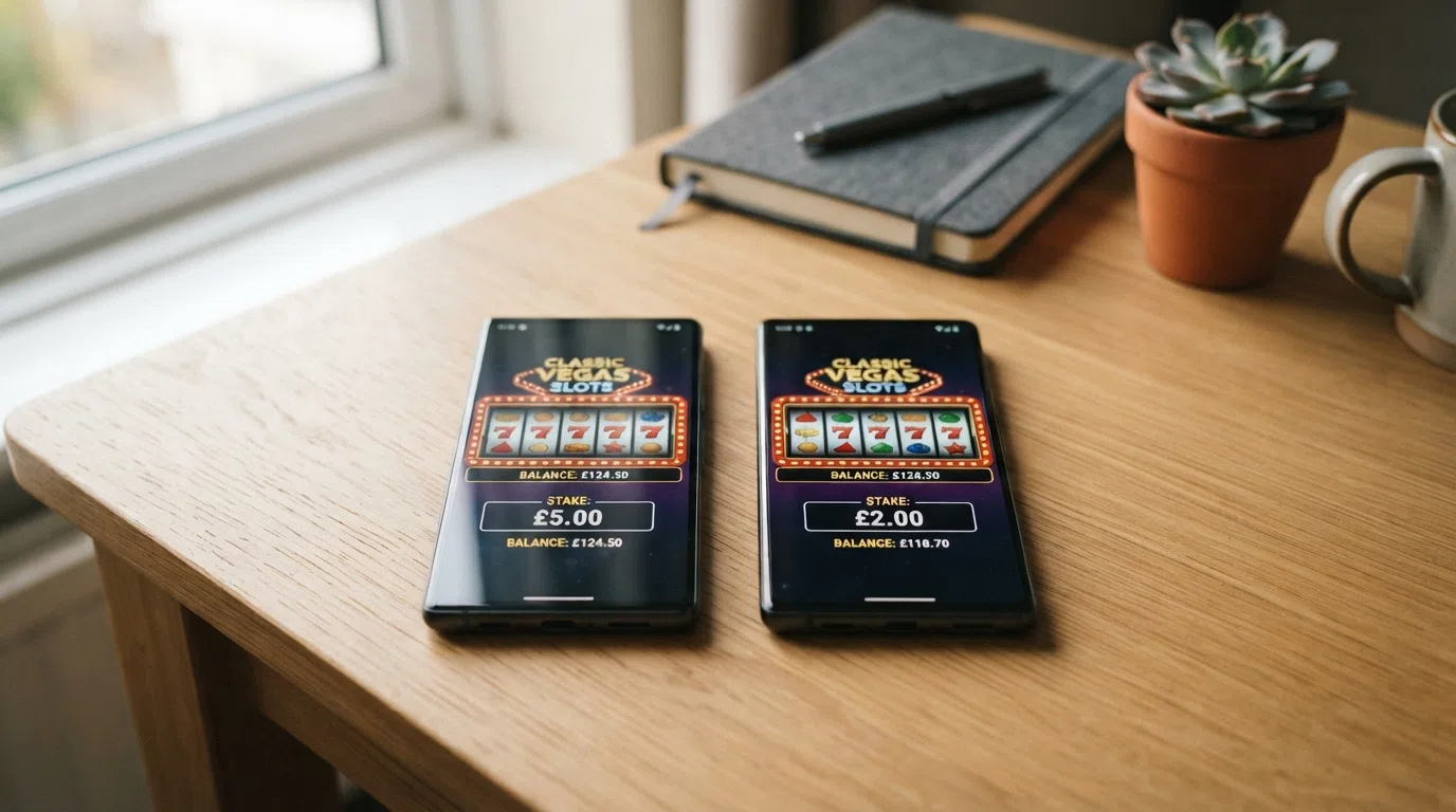 Two slot screens side by side, one labelled £5 and one labelled £2