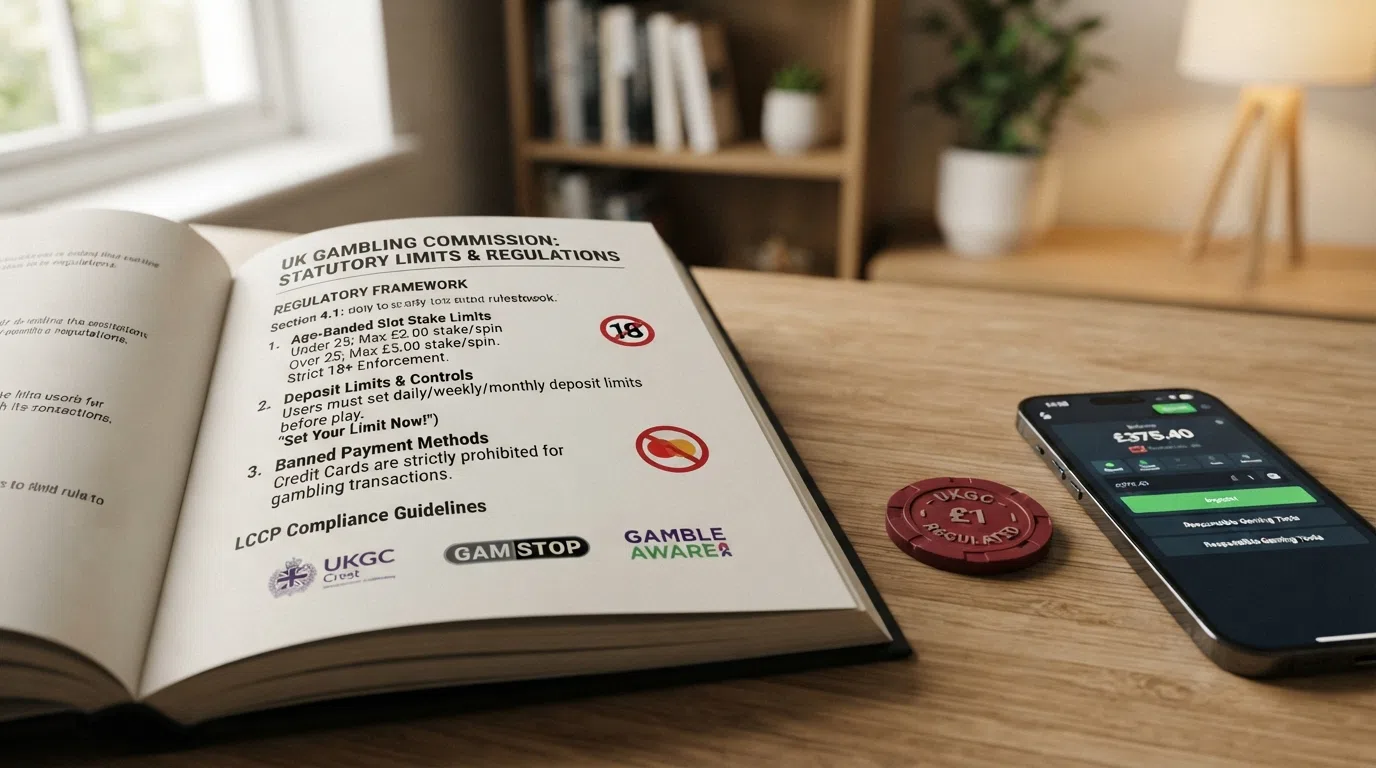 A rulebook page listing an age-banded slot stake cap, a deposit-limit prompt and a banned credit card