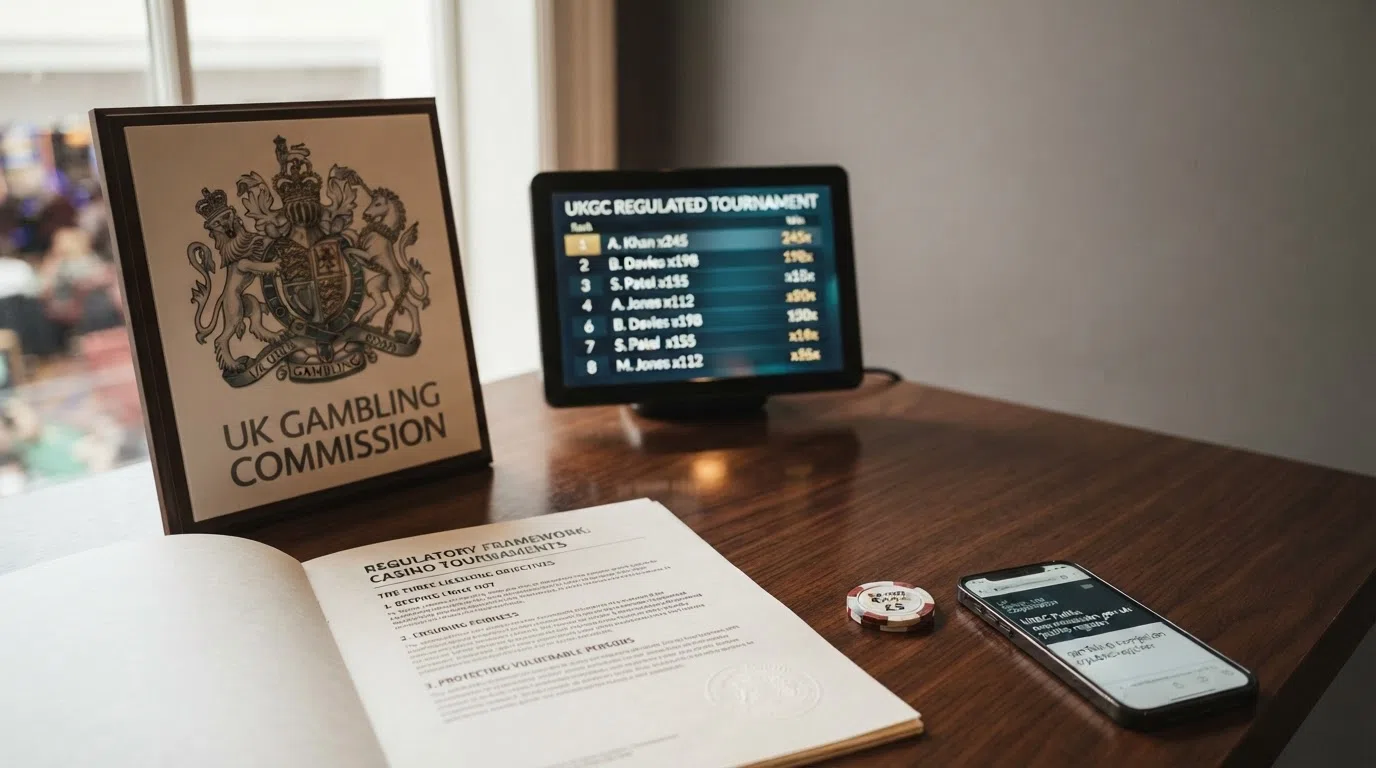 The UK Gambling Commission crest or office exterior beside a document headed with the three licensing objectives, with a tournament leaderboard screen in the lower third