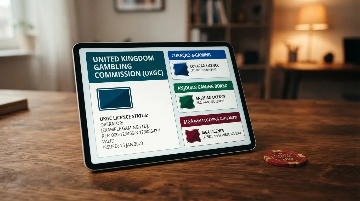 A split diagram showing a UKGC licence on one side and Curaçao, Anjouan and MGA licences on the other