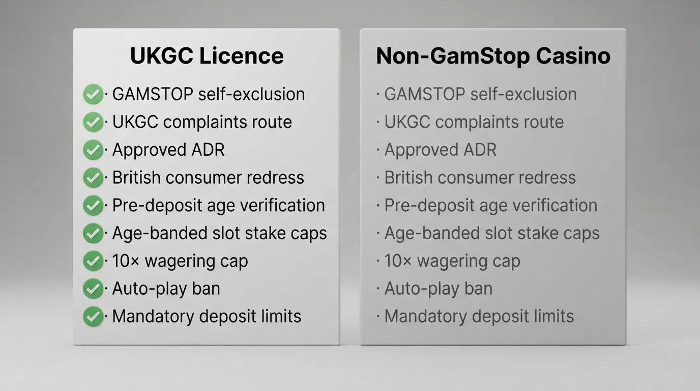 Two side-by-side columns of player protections, the left column fully ticked under a UKGC licence and the right column empty
