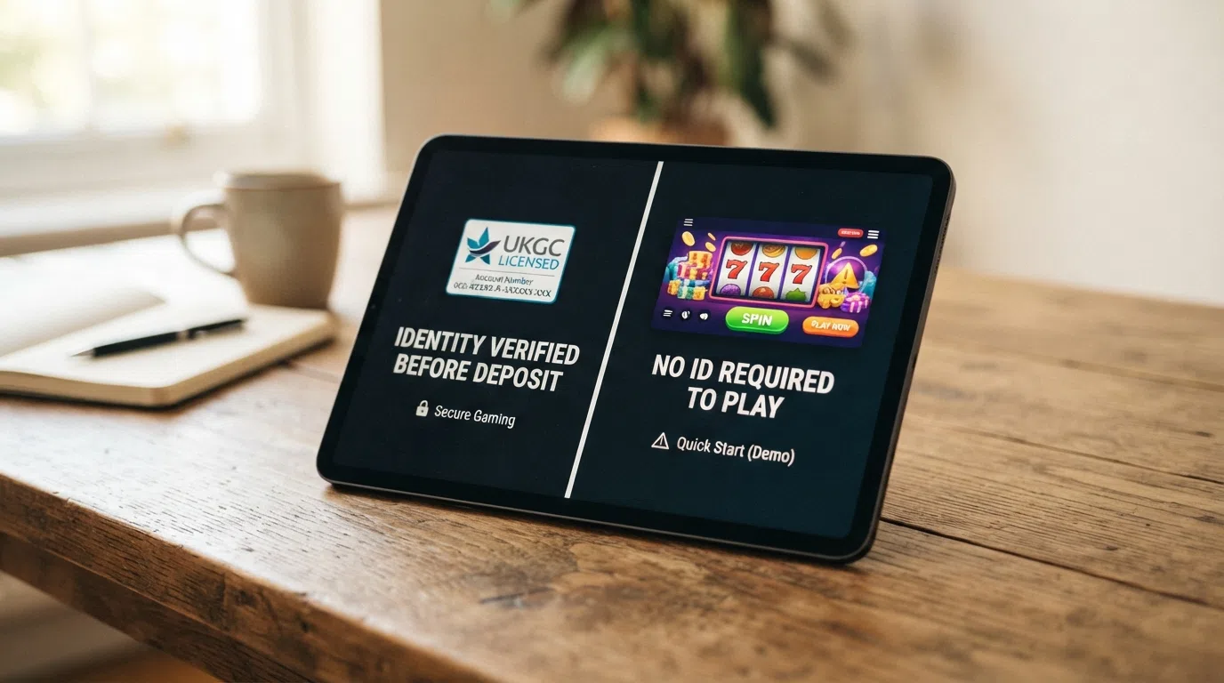A split-screen design showing a UKGC licence badge and the words “Identity Verified Before Deposit” on the left, and an offshore casino logo with “No ID Required to Play” on the right, separated by a vertical divider