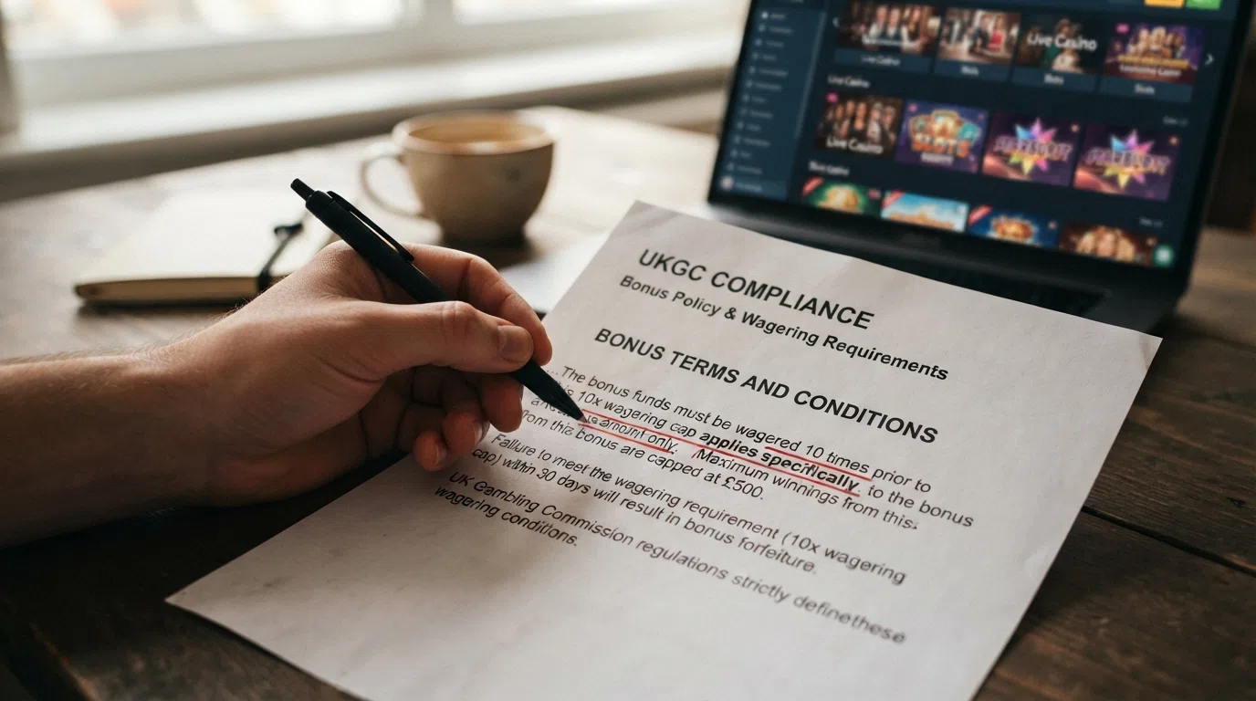 A close-up of a bonus terms document with the ten-times wagering cap highlighted