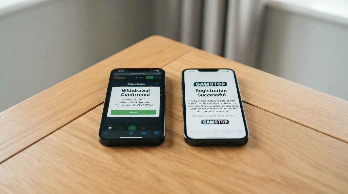 A smartphone screen showing a casino withdrawal confirmation message beside a GAMSTOP registration confirmation, the two screens side by side on a neutral surface