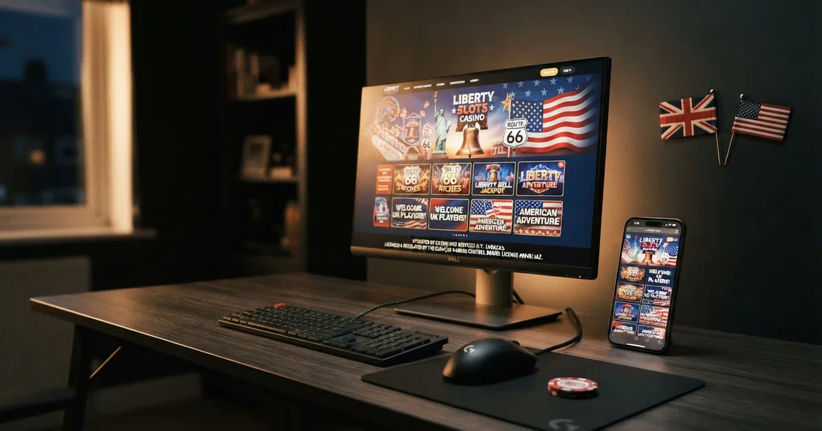 A desktop and mobile screen showing an offshore online casino lobby with American flag and stars-and-stripes theming, a slot game visible and a welcome bonus banner, against a dark background with UK and US flag elements side by side