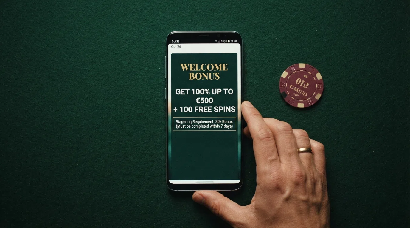 a casino welcome-offer screen with a highlighted wagering-requirement line