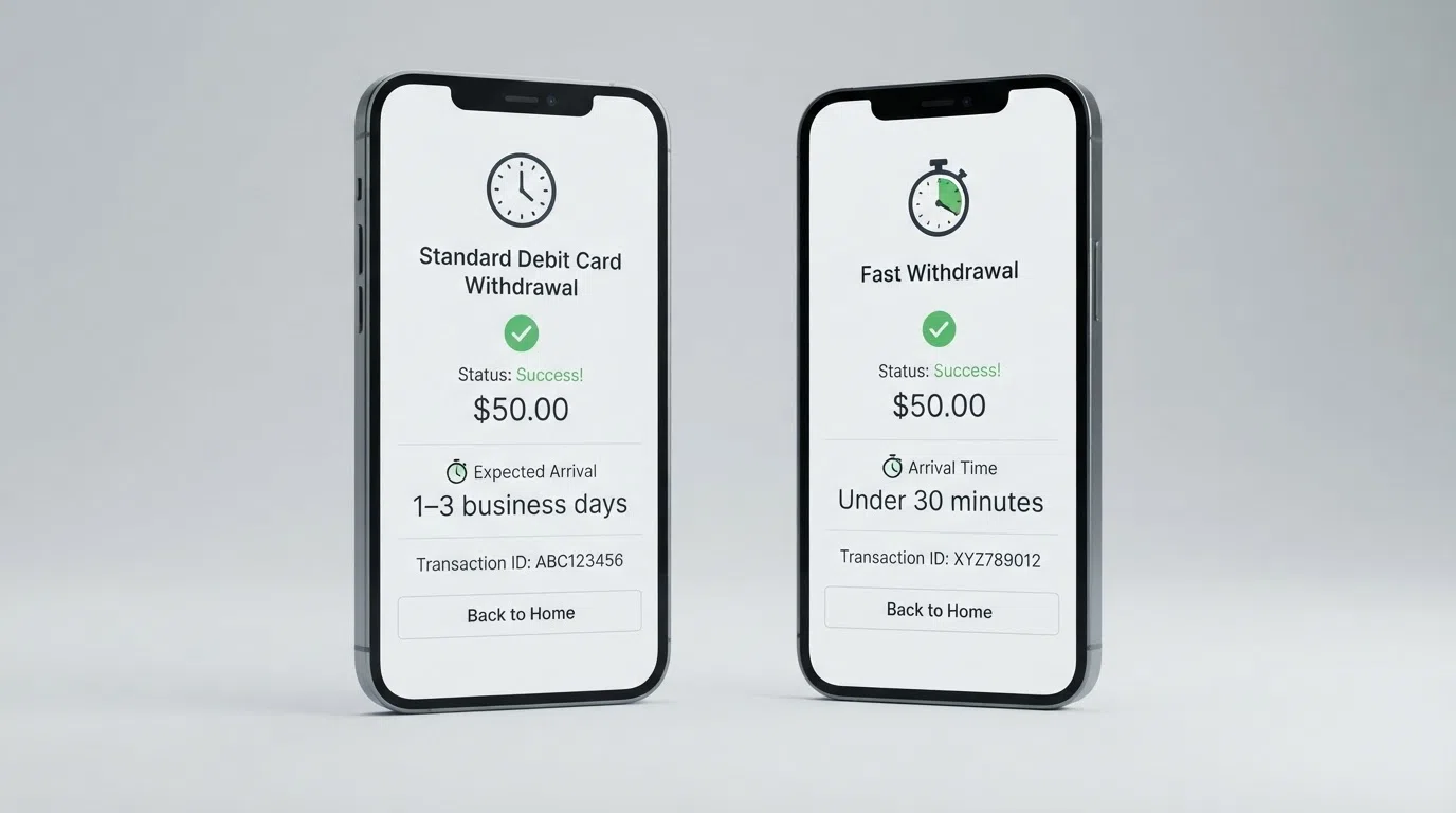 A side-by-side illustration comparing standard Visa debit withdrawal (calendar showing 1–3 business days) with Visa Fast Funds (clock showing under 30 minutes)