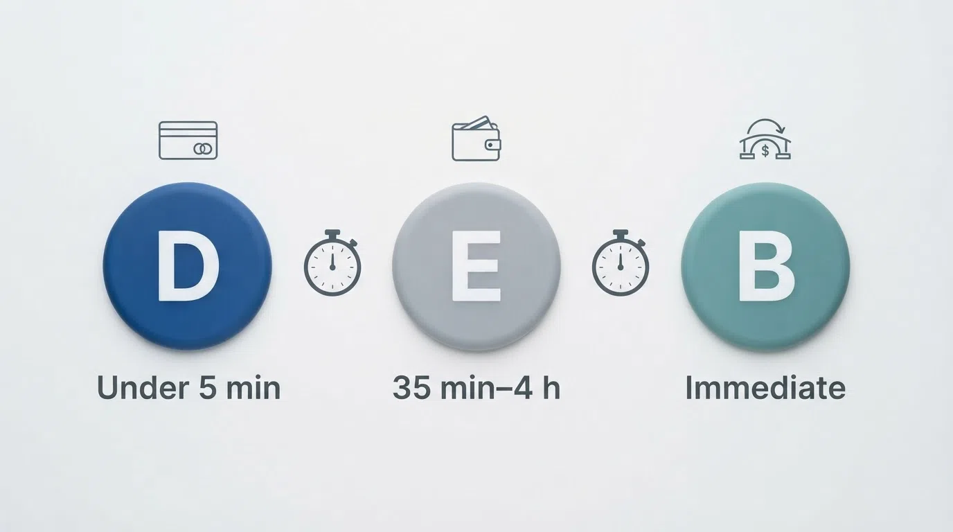 Three payment logos — Visa, PayPal and Trustly — arranged beside a stopwatch graphic showing typical withdrawal-speed ranges for each method