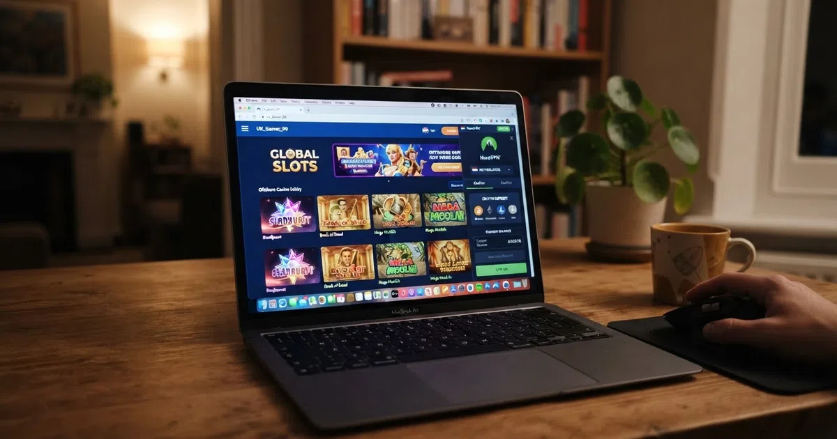 A laptop screen displaying an online casino game lobby with a VPN connection status indicator visible in the corner, showing slot-game thumbnails and a cryptocurrency deposit panel