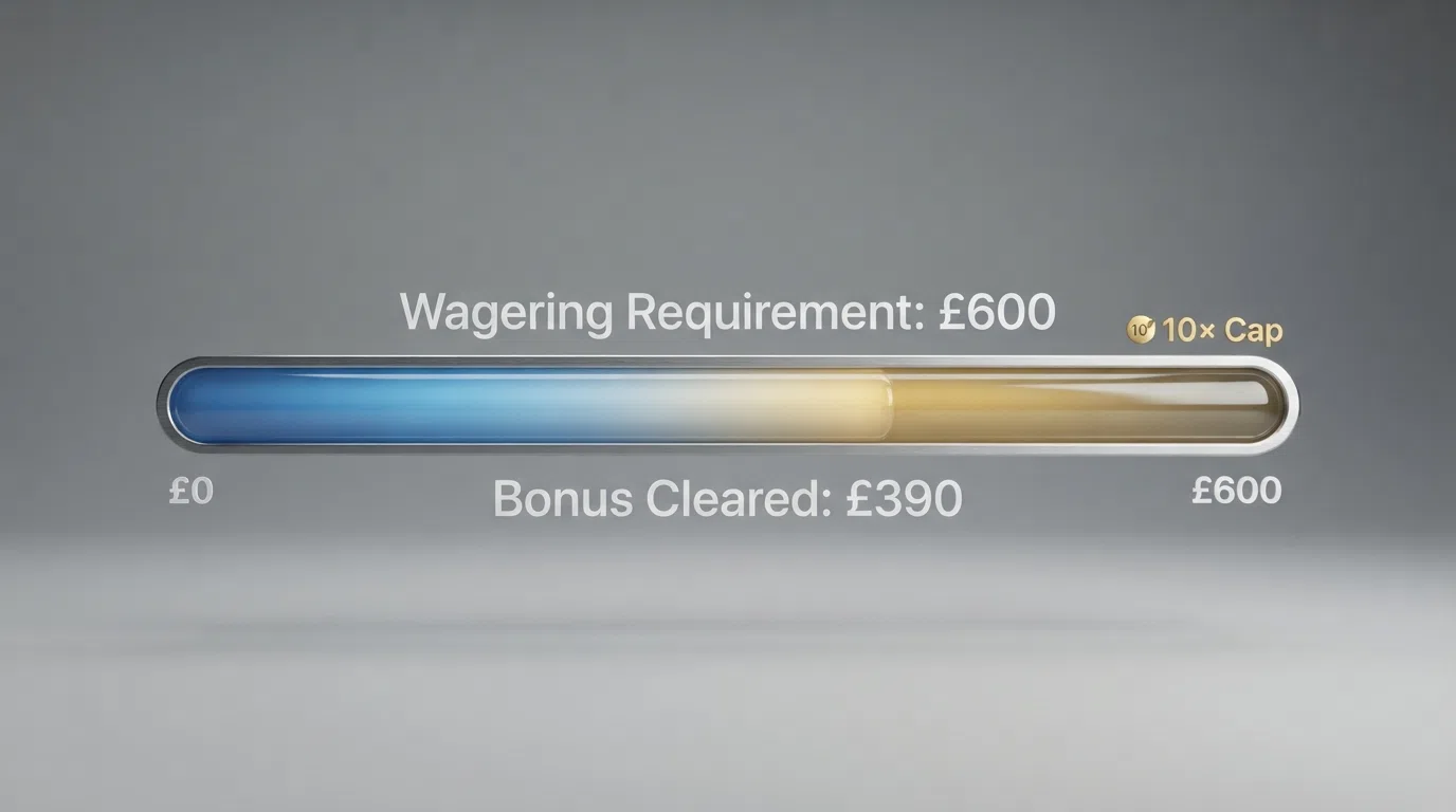 A bonus progress bar showing a 10× wagering requirement part-complete