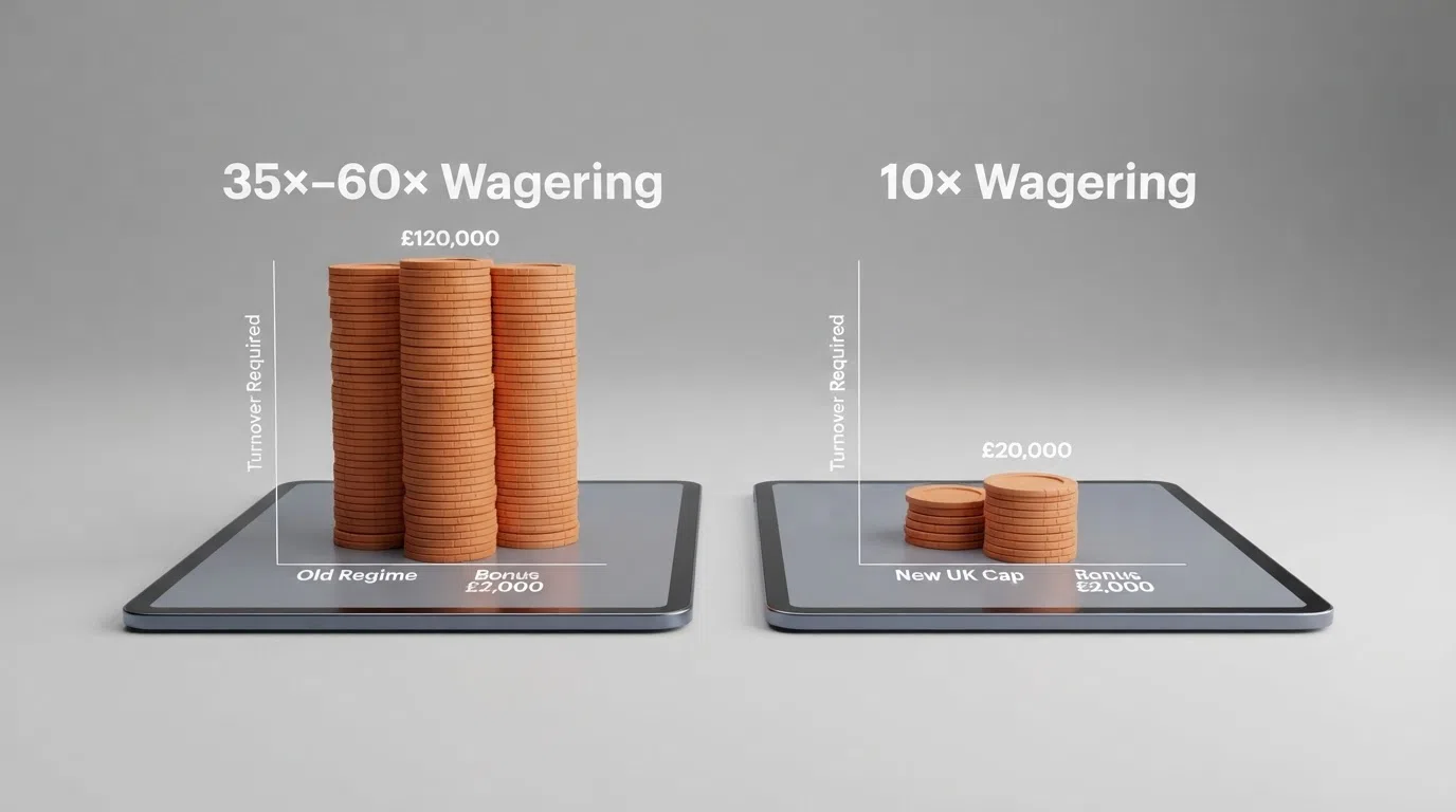 A visual comparison of a bonus offer under the old 35×–60× wagering regime versus the current 10× cap, showing the turnover difference