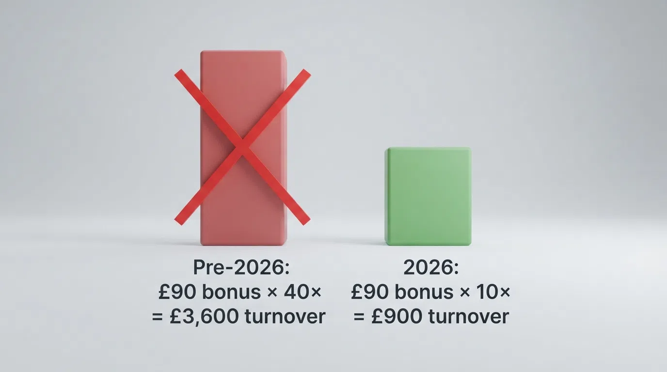 A simple visual comparison: on the left, “Pre-2026: £90 bonus × 40× = £3,600 turnover” crossed out in red; on the right, “2026: £90 bonus × 10× = £900 turnover” in green