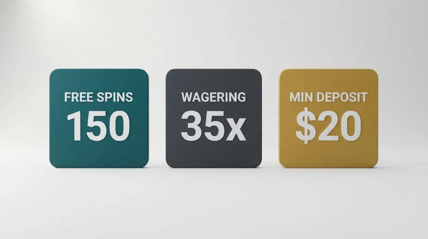 A clean side-by-side layout of casino welcome-offer cards showing the free-spin count, wagering requirement and minimum deposit for three featured Wazdan casinos