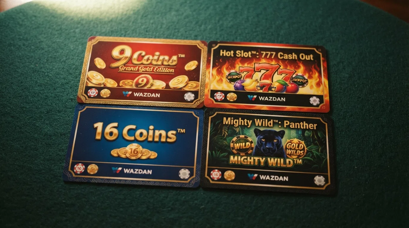 A grid of four Wazdan slot title cards—9 Coins Grand Gold Edition, Hot Slot: 777 Cash Out, 16 Coins and Mighty Wild: Panther—with the Wazdan game-frame border visible