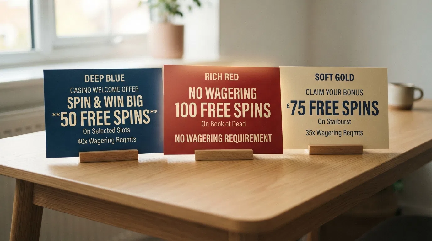 Three UK casino welcome-offer promotional banners side by side, each showing a different free-spin count and wagering requirement, with the zero-wagering offer visually emphasised