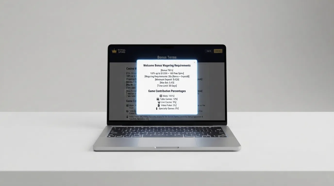 A casino promotions page displaying a welcome-bonus terms box with wagering requirements and game-contribution percentages highlighted