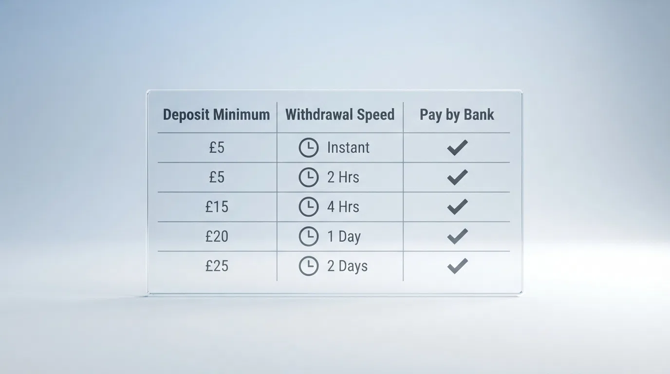 A side-by-side comparison graphic of the featured UK casinos showing their bank transfer deposit minimums, withdrawal speeds and Pay by Bank availability