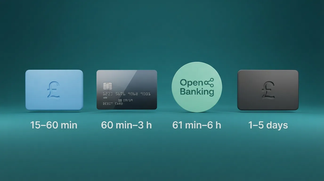 A visual comparison of payment-method icons — PayPal, Visa, Trustly and a debit card — arranged left to right by tested payout speed with hour markers beneath each
