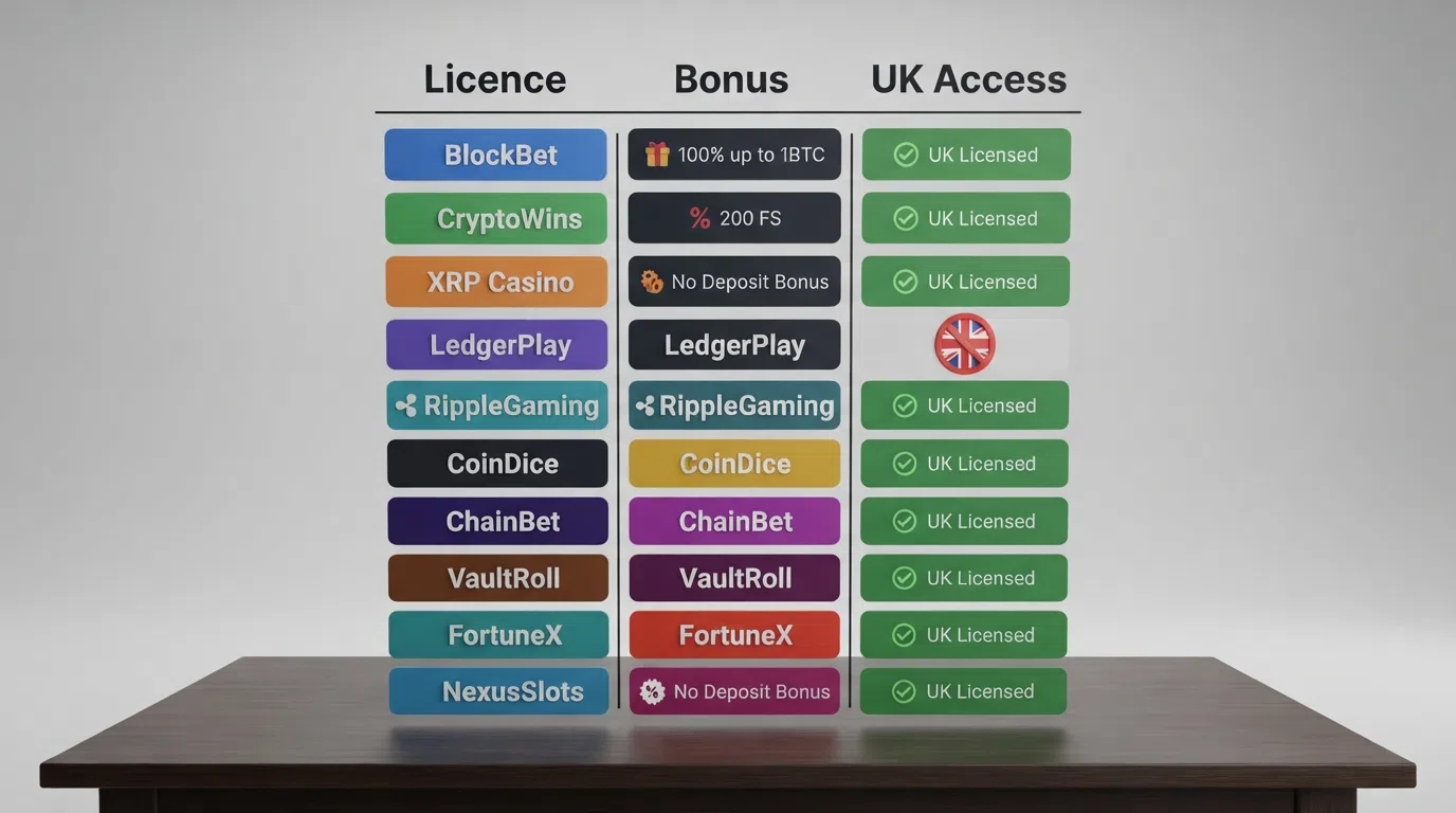 A stylised comparison layout showing operator name cards arranged across a table with columns for licence, bonus and UK access, one card marked with a blocked-UK badge