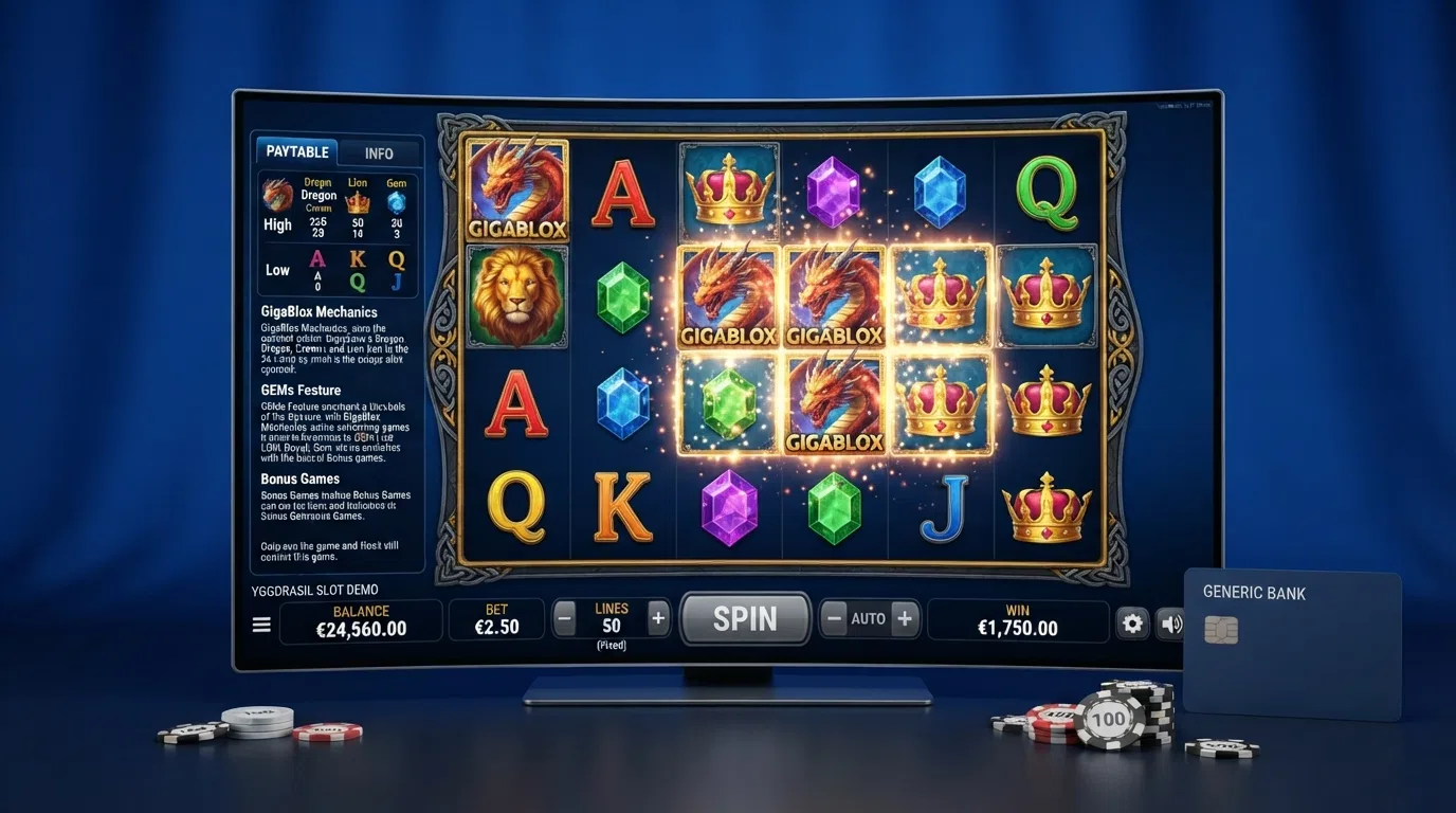 An Yggdrasil online slot game grid with reels, paytable and GEMs mechanic overlay visible